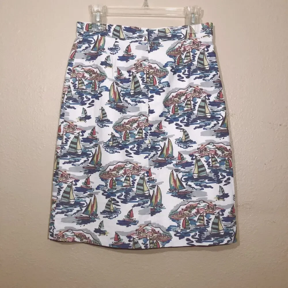 Nine West Sweet Escape Havana Nautical Sailboat Beach Print Linen Blend Skirt